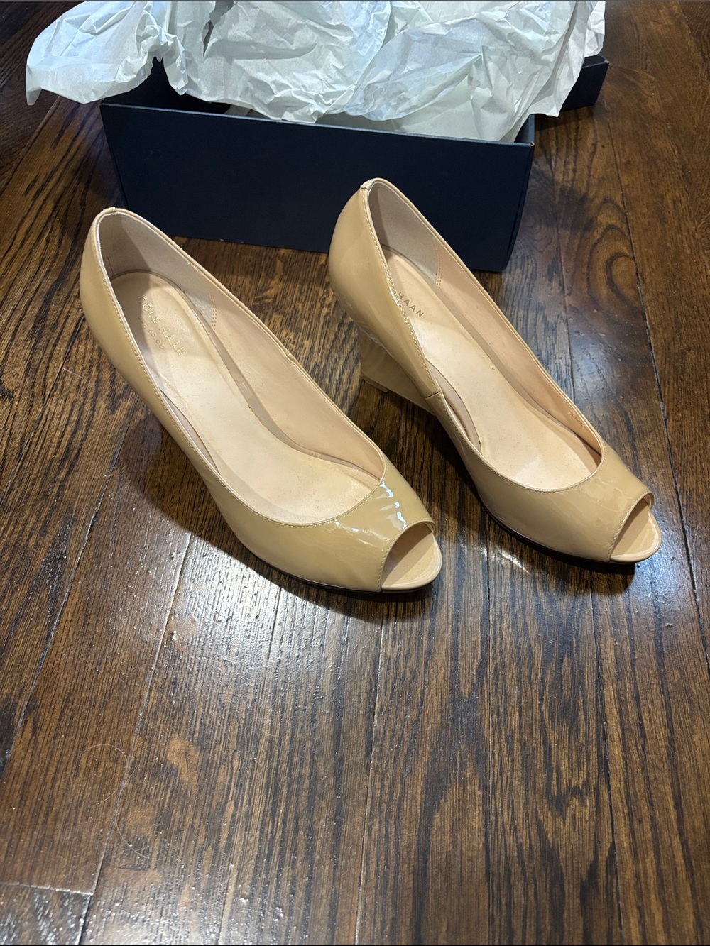 Cole Haan Nude Patent Peep-Toe Block Pumps